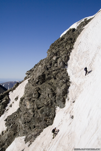 Two climbers finish the last stretch of Torreys Peak's Dead Dog couloir