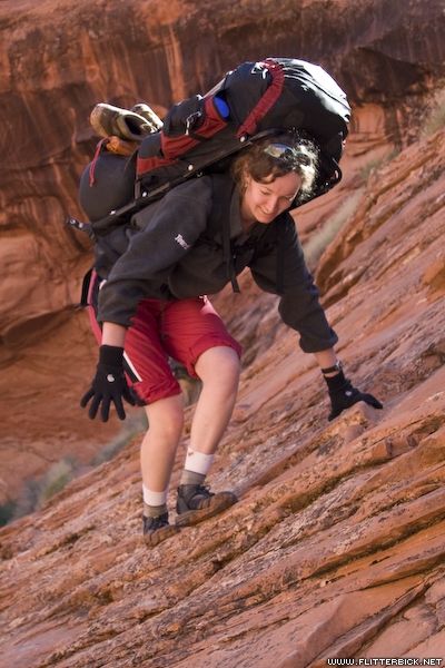 Hannah traverses a slab near the Escalante confluence