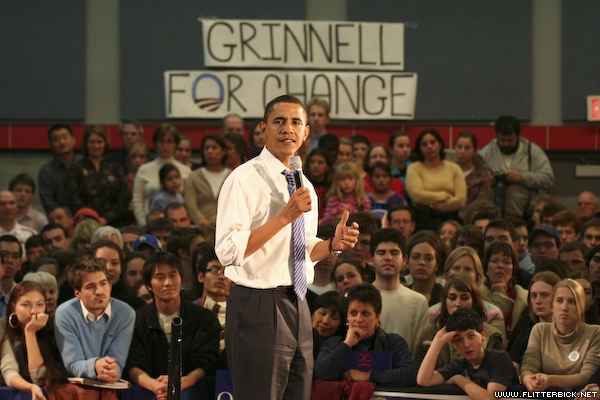 Democratic Presidential candidate Barack Obama addresses supporters at a rally in Grinnell College's Harris Center